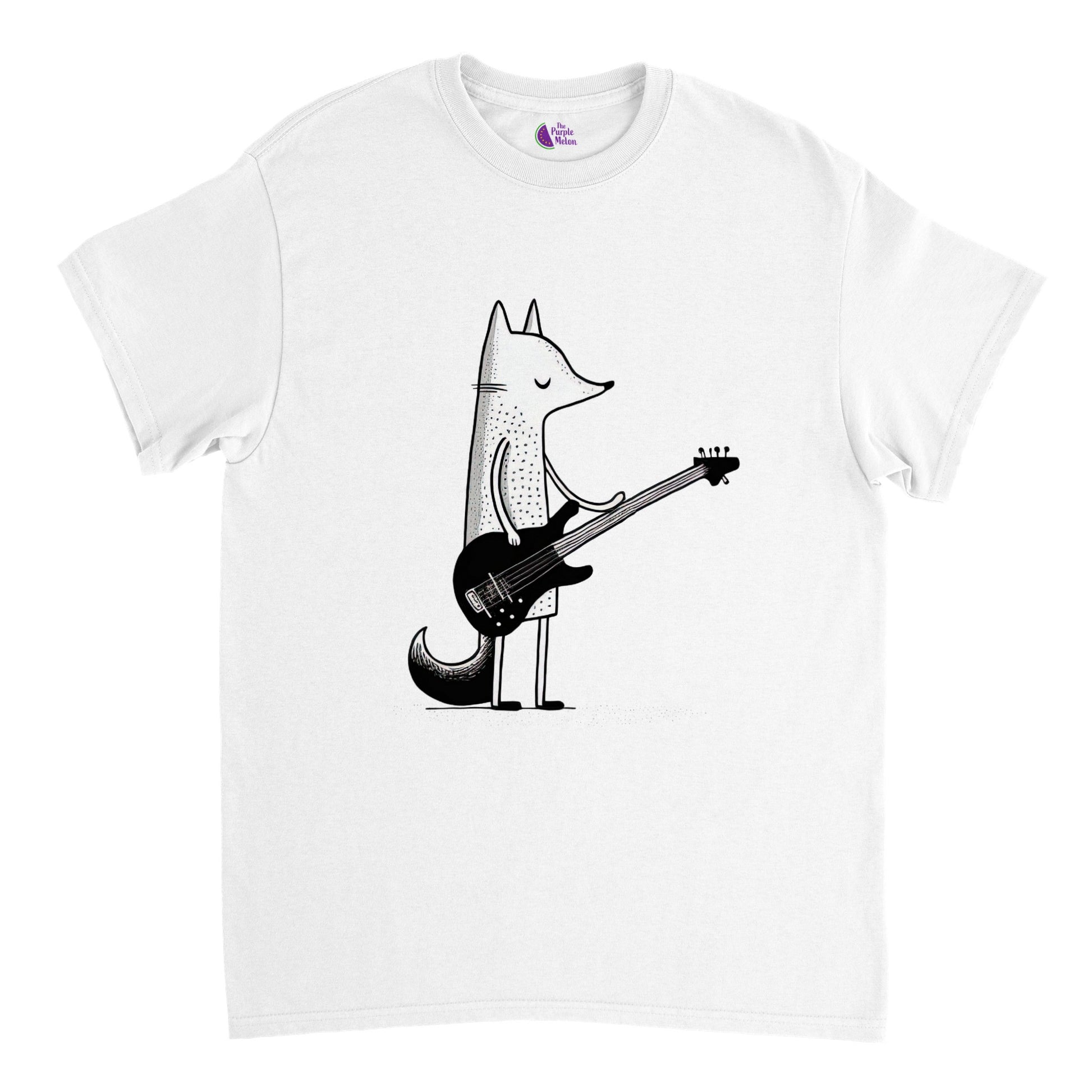 white t-shirt with a fox playing the bass guiutar print