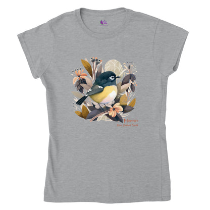grey t-shirt with a New Zealand Miromiro tomtit bird print