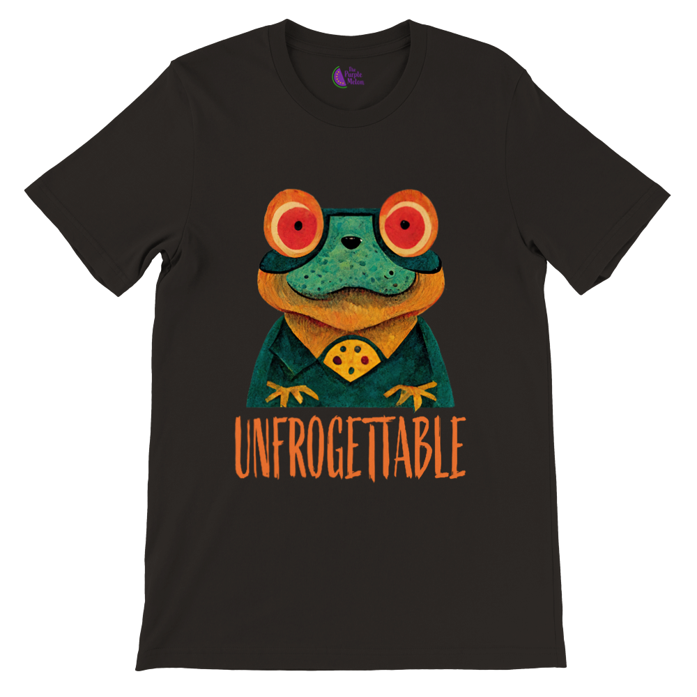 Black t-shirt with a cute frog print with the caption Unfrogettable