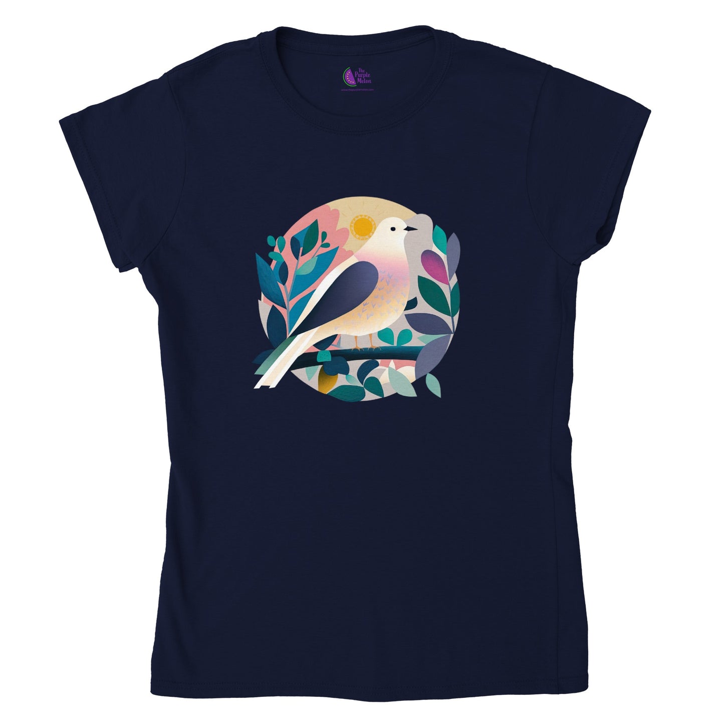 Navy t-shirt with colourful dove print on the front