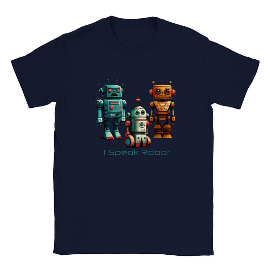 Navy Blue t-shirt with 3 robots and the caption I speak robot