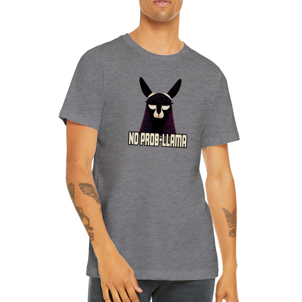 guy wearing a grey t-shirt with a Llama and no prob-llama caption
