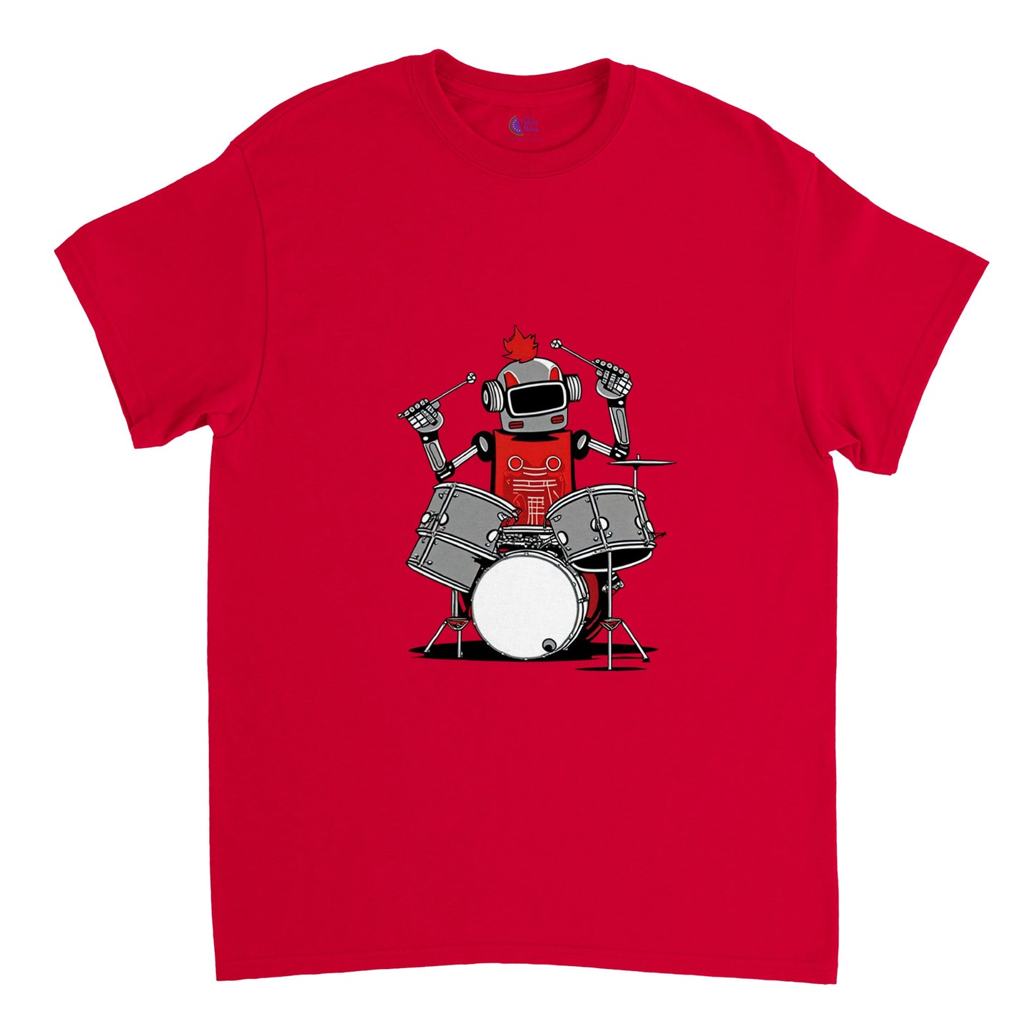 Red t-shirt with a robot playing the drums graphic