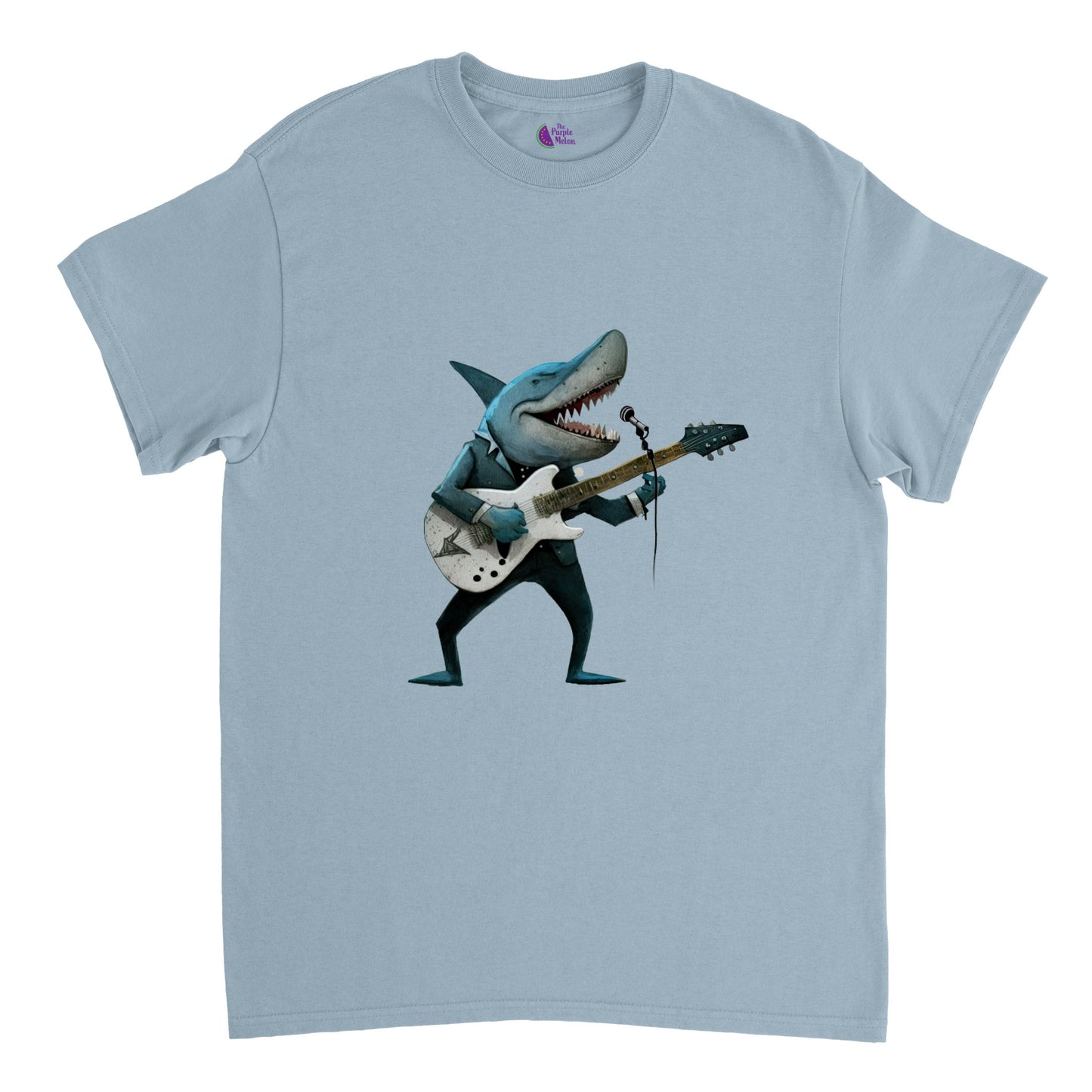 Light blue t-shirt with a shark playing guitar print