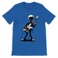 Blue t-shirt with an alien playing electric guitar illustration