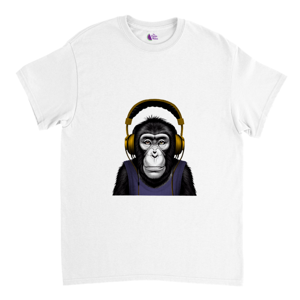 white t-shirt with a chimp wearing headphones listening to music print