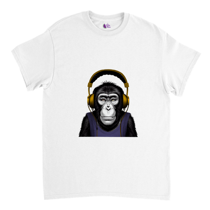 white t-shirt with a chimp wearing headphones listening to music print