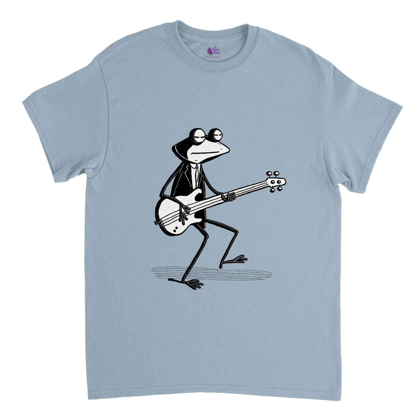 Light Blue t-shirt with a frog playing a bass guitar print
