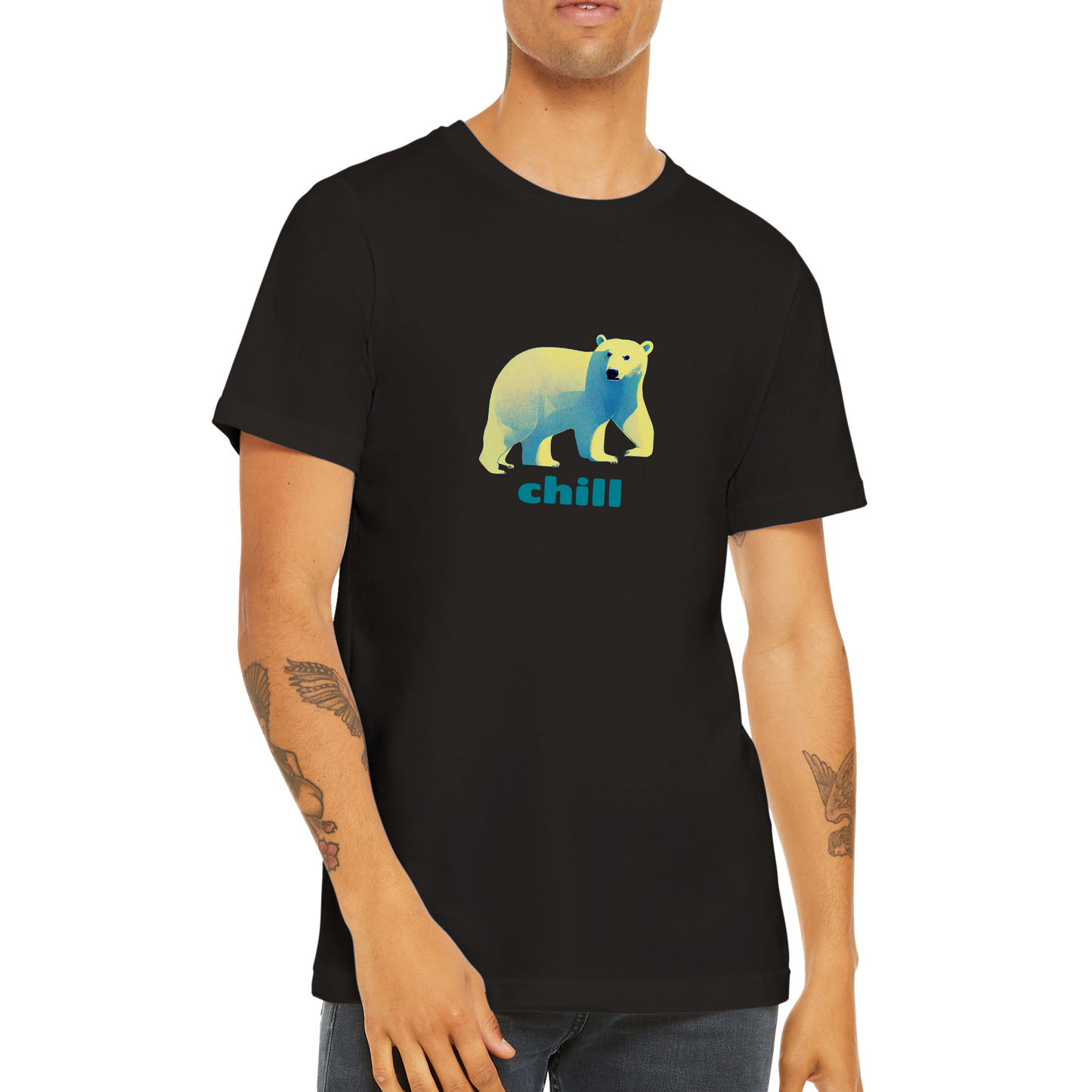 Guy wearing a black t-shirt with a polar bear print with chill caption