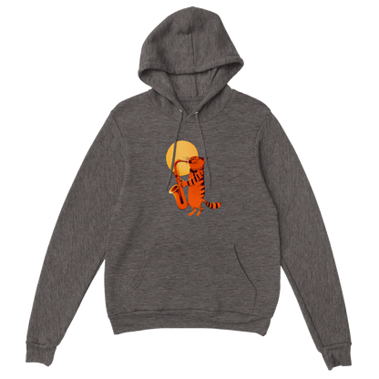 Cat Playing the Saxophone Under the Full Moon Premium Unisex Pullover Hoodie.