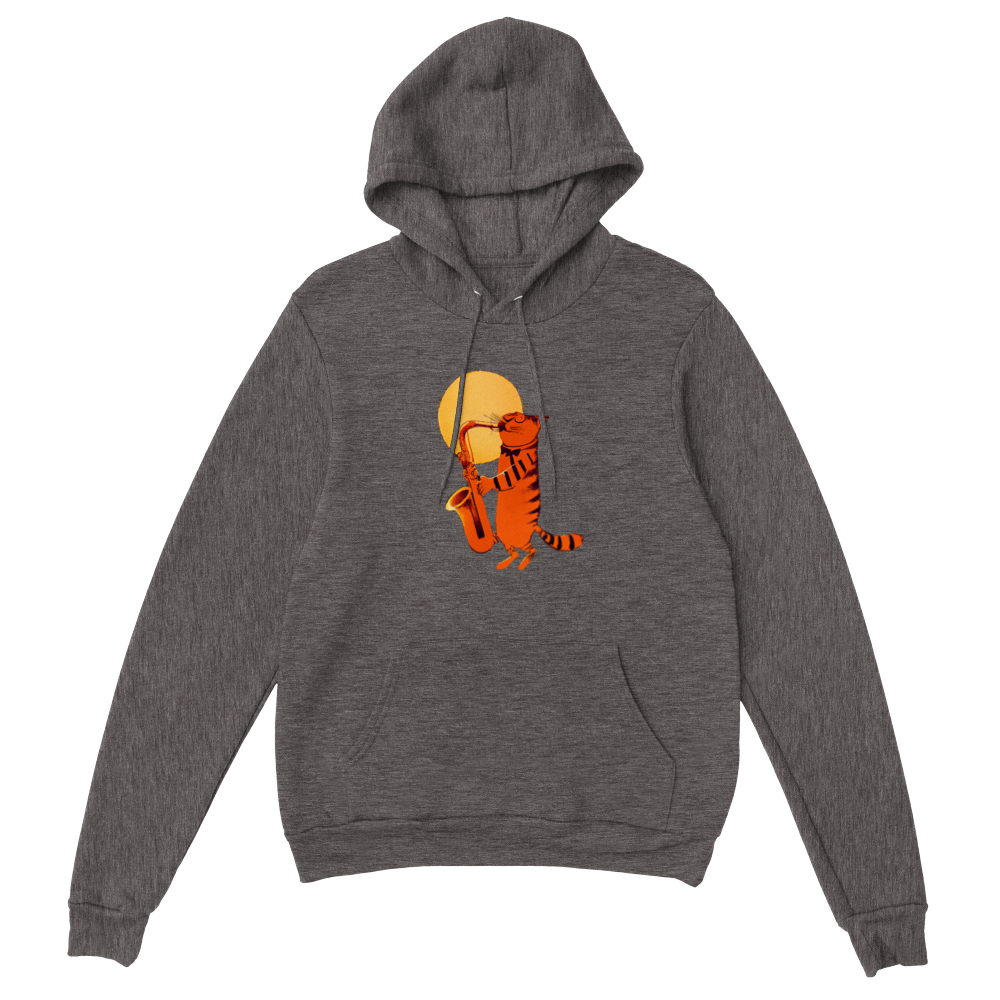 Cat Playing the Saxophone Under the Full Moon Premium Unisex Pullover Hoodie.