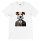 white t-shirt with a fox terrier in a suit print