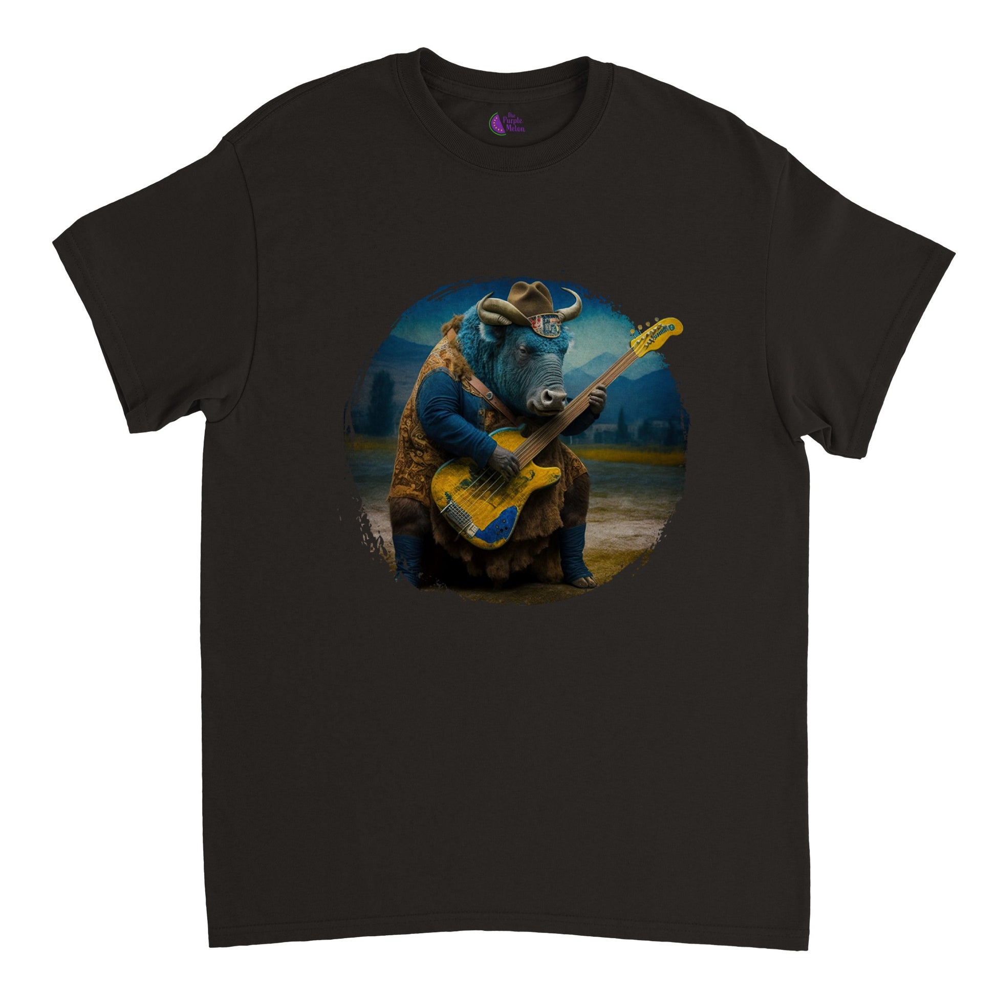 Black t-shirt with a bison playing bass guitar print