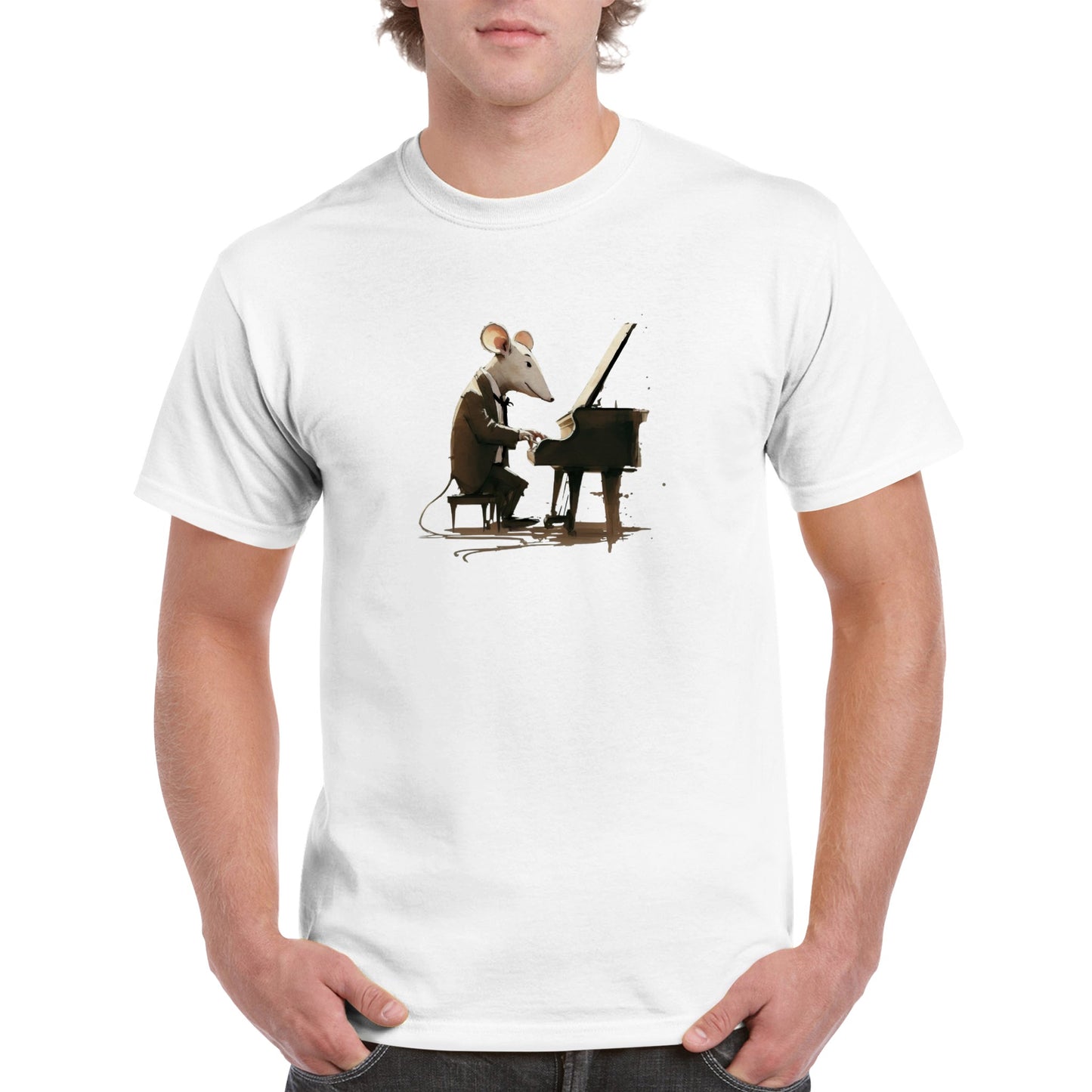 A guy wearing a white t-shirt with a mouse playing a piano print