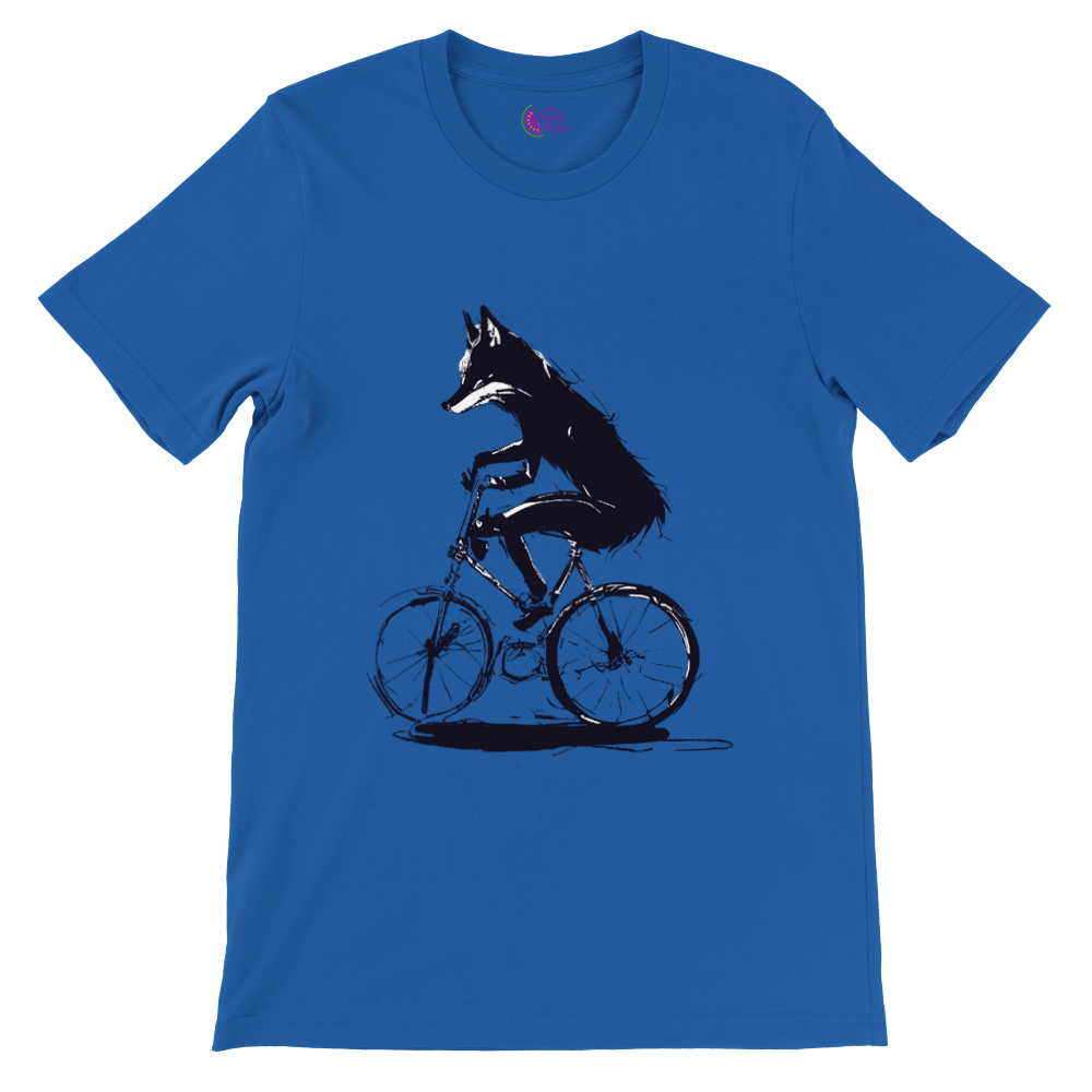 Royal blue t-shirt with a fox riding a bike print