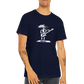 Guy wearing a navy t-shirt with a rat playing bass guitar print