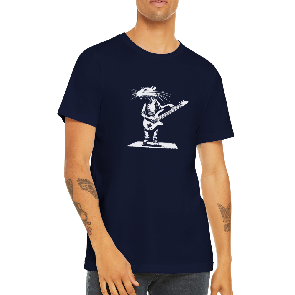 Guy wearing a navy t-shirt with a rat playing bass guitar print