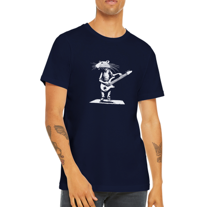 Guy wearing a navy t-shirt with a rat playing bass guitar print