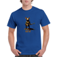 A guy wearing a blue t-shirt with a print of a rat playing the banjo print on the front