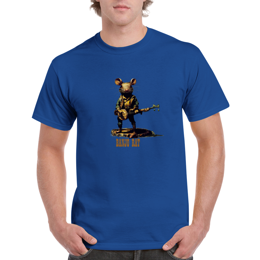 A guy wearing a blue t-shirt with a print of a rat playing the banjo print on the front