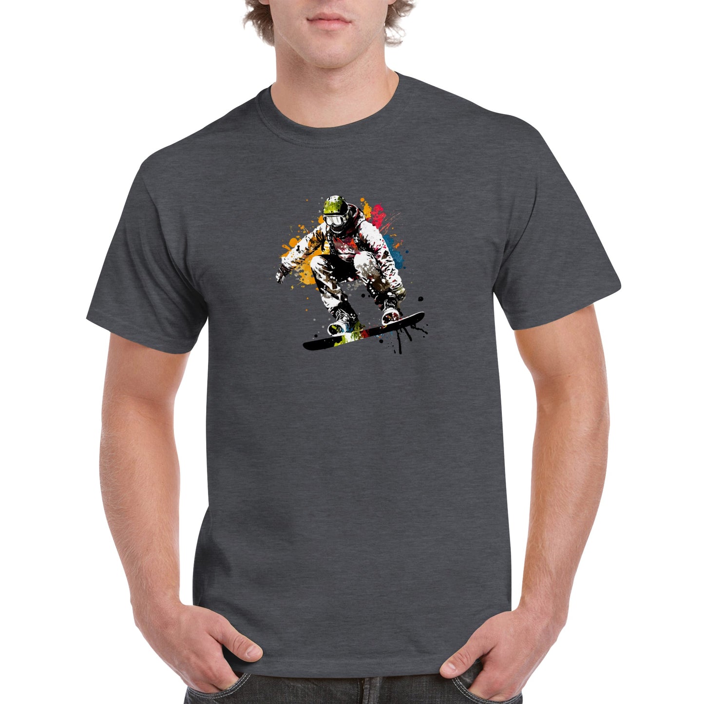 Guy wearing a grey t-shirt with a snowboarder print