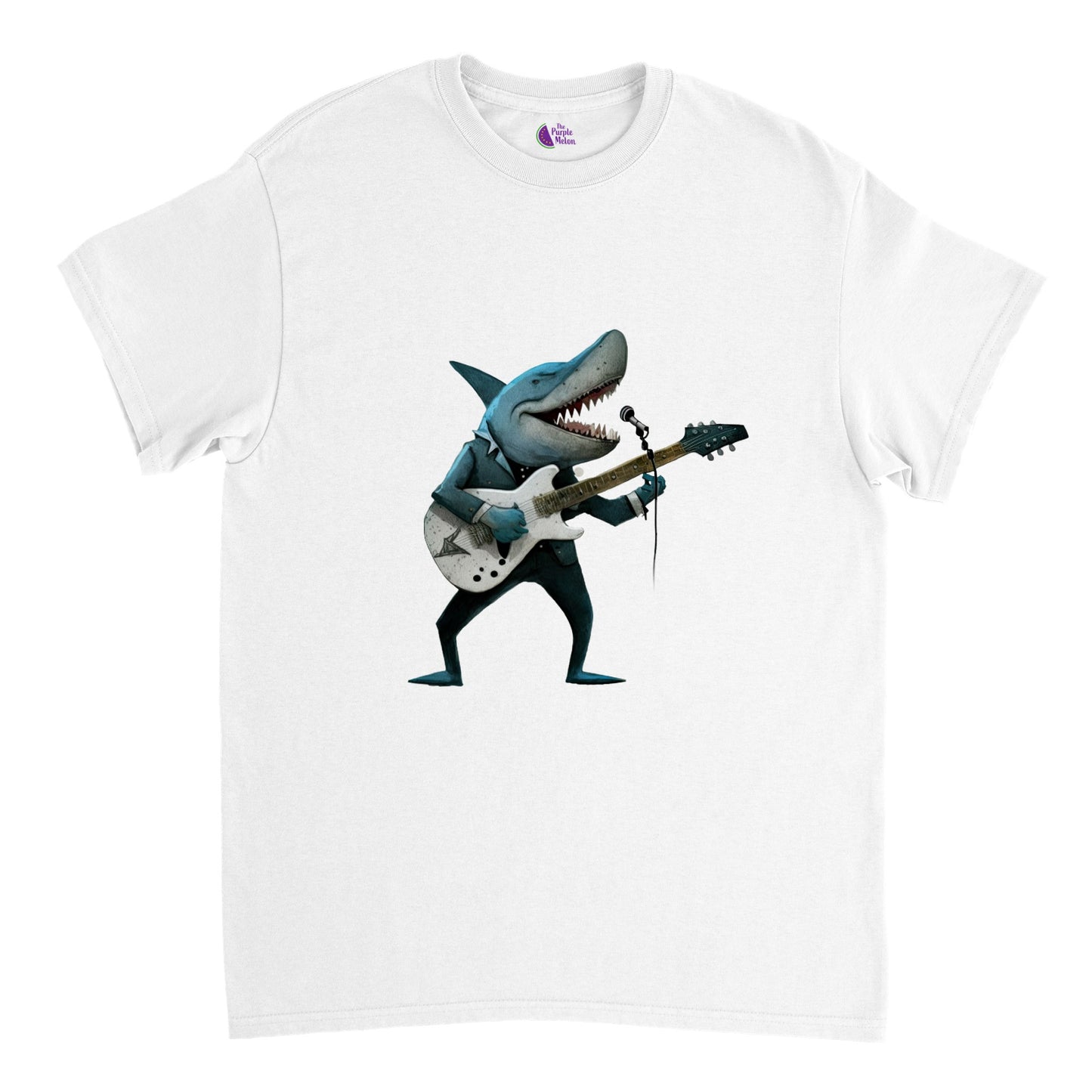 white t-shirt with a shark playing guitar print