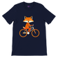 Navy blue t-shirt with a print of a cute fox riding a bike