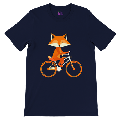 Navy blue t-shirt with a print of a cute fox riding a bike
