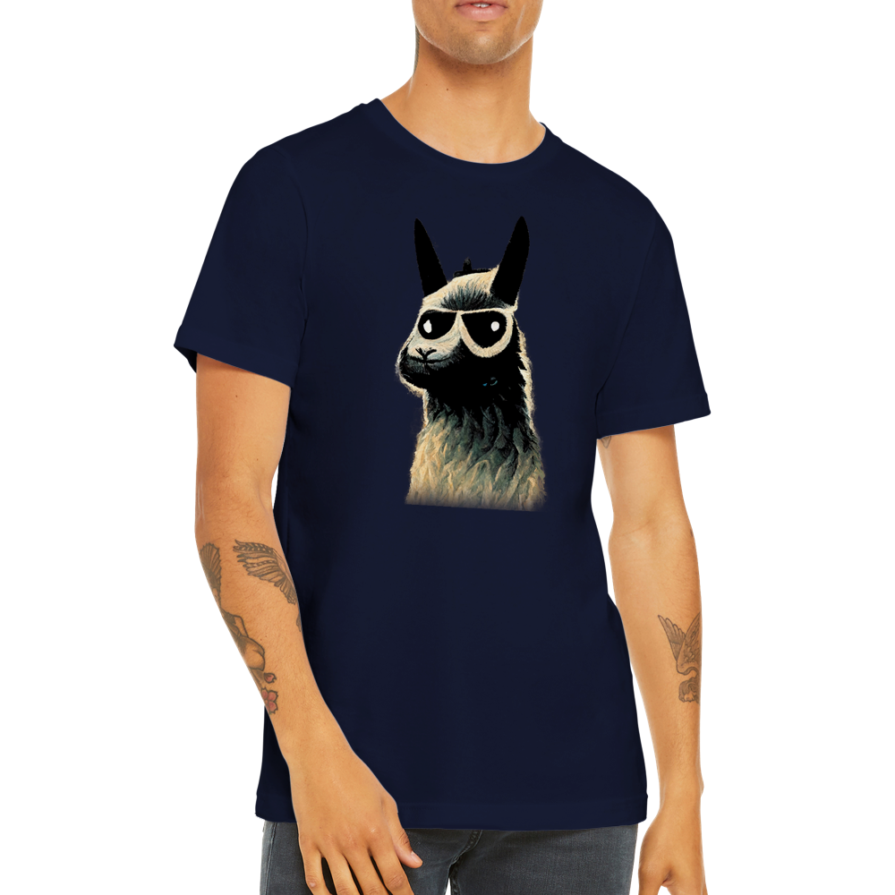 guy wearing a navy t-shirt with a llama wearing sunglasses print