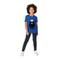 Kid wearing a royal blue t-shirt with a cute bear print