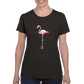 a woman wearing a black t-shirt with a pink flamingo print