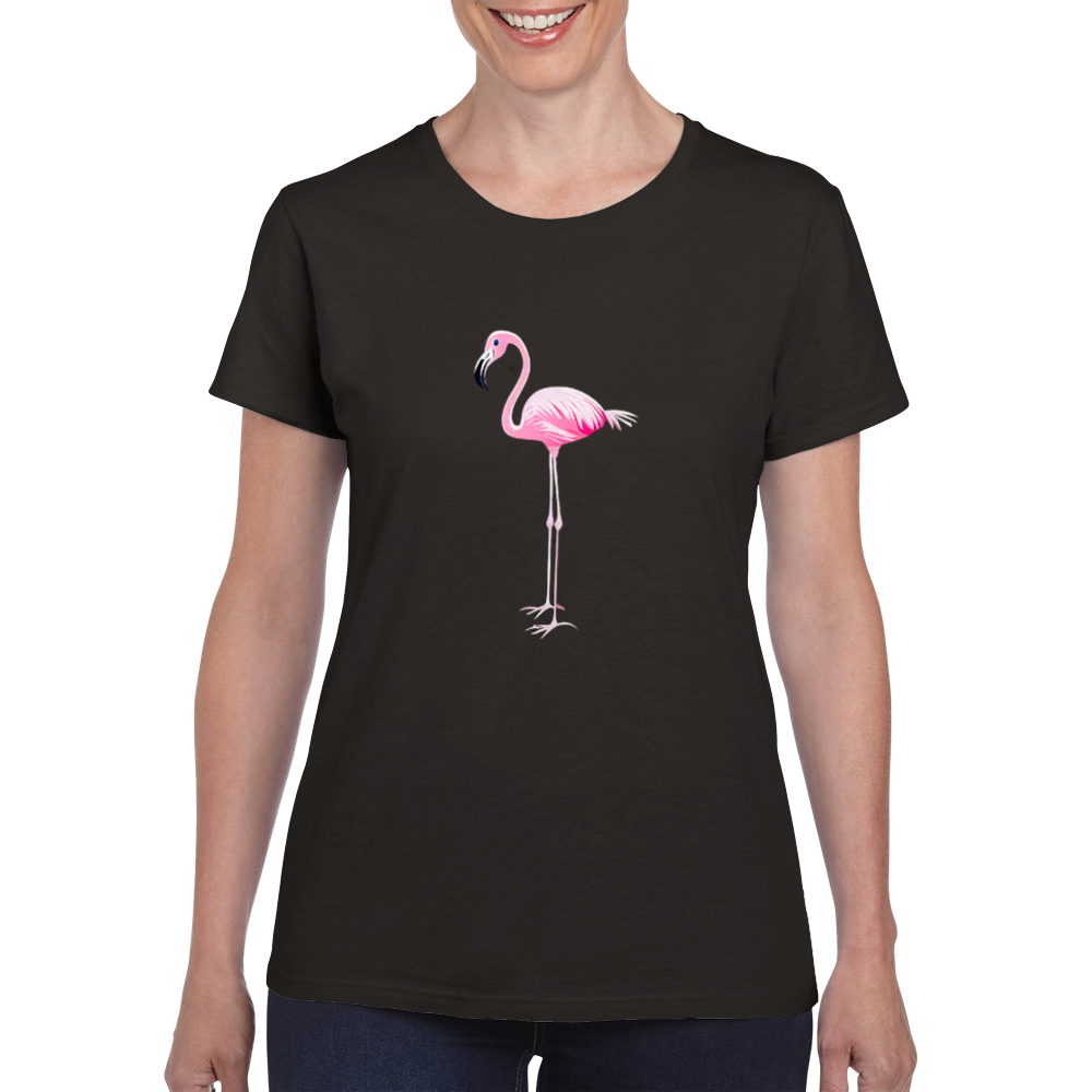 a woman wearing a black t-shirt with a pink flamingo print