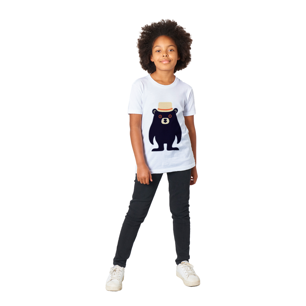 Kid wearing a white t-shirt with a cute bear print