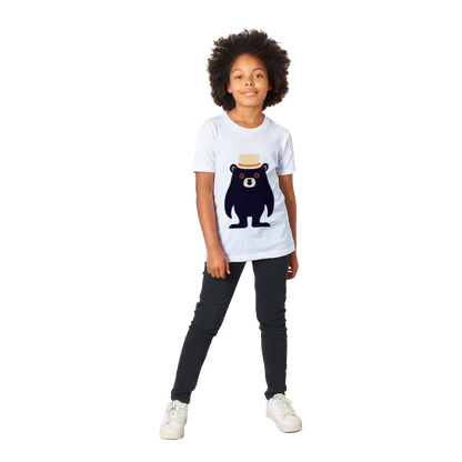 Kid wearing a white t-shirt with a cute bear print