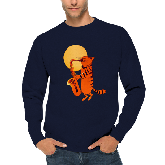 Cat Playing the Saxophone Under the Full Moon Premium Unisex Crewneck Sweatshirt.