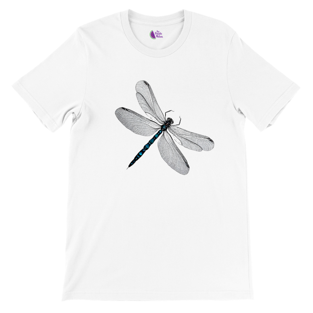 white t-shirt with a dragonfly print