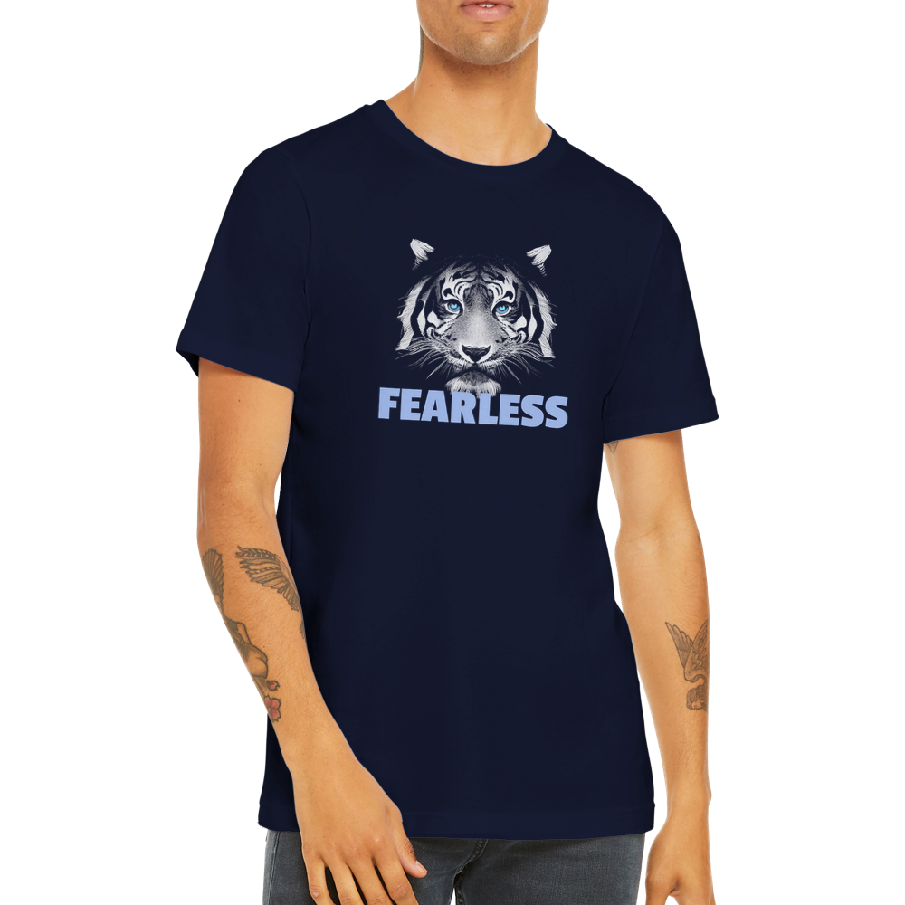 guy wearing a navy blue t-shirt with a tiger print and fearless caption