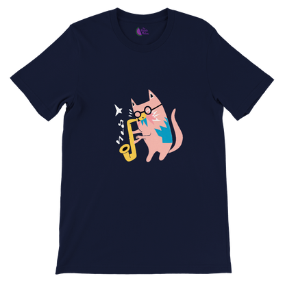 Pink Cat Playing a Saxophone Premium Unisex Crewneck T-shirt.