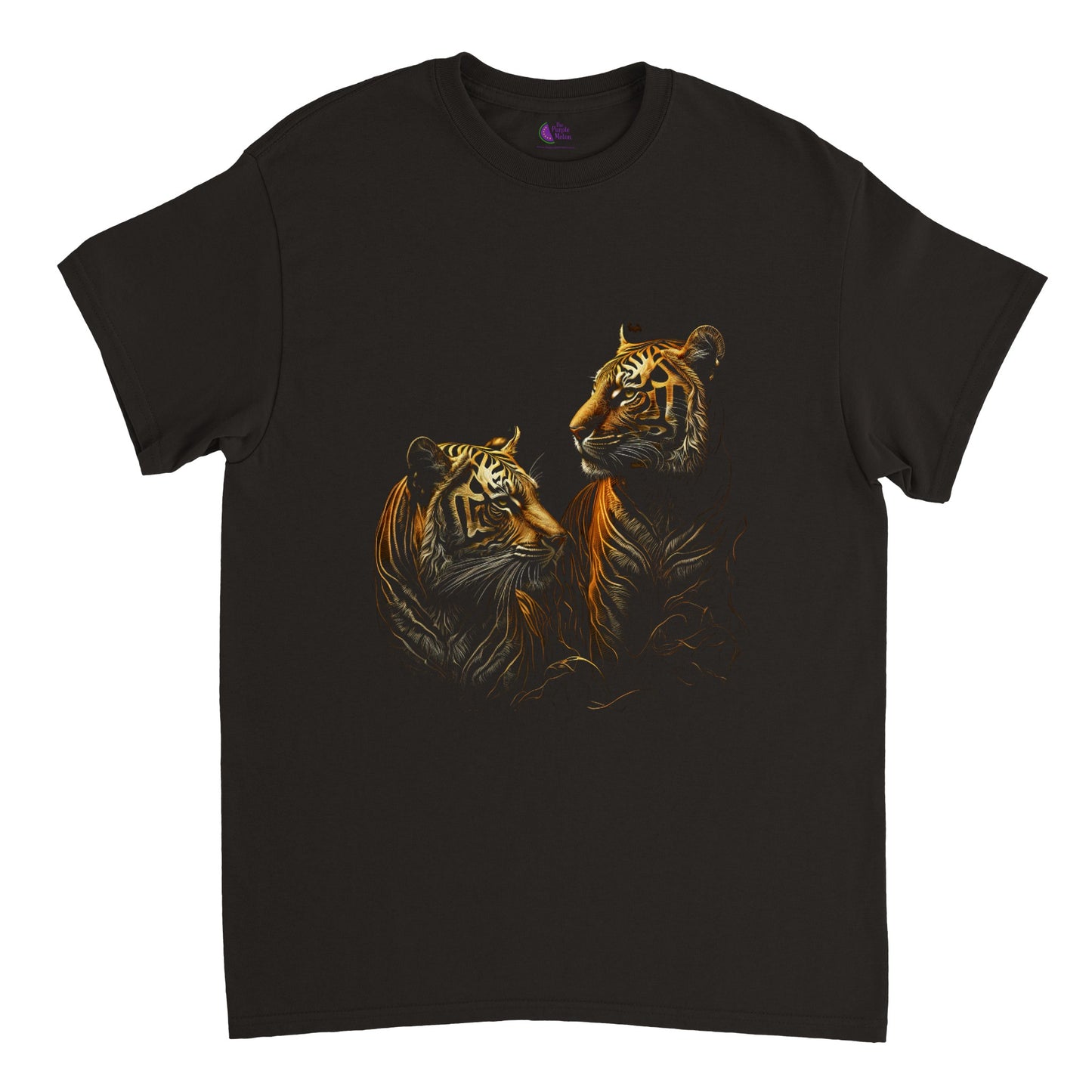a black t-shirt with a print of a pair of gold tigers