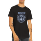 Guy wearing a black t-shirt with a lion print and the word Brave