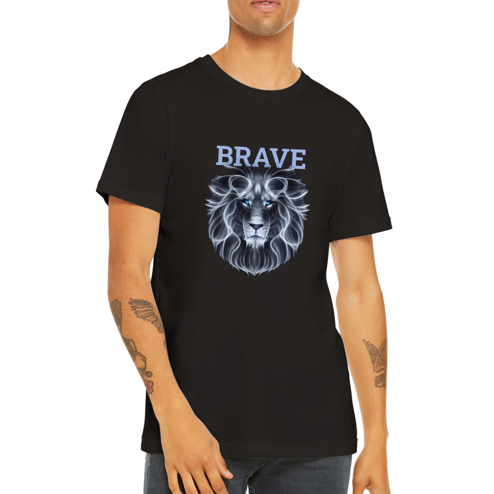 Guy wearing a black t-shirt with a lion print and the word Brave