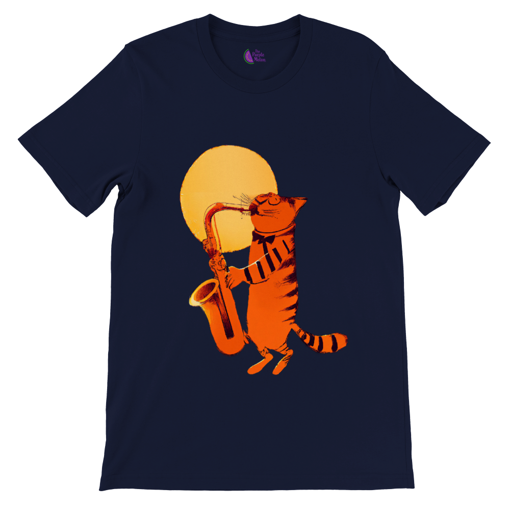 Cat Playing the Saxophone Under the Full Moon Premium Unisex Crewneck T-shirt.