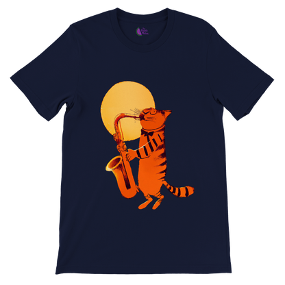 Cat Playing the Saxophone Under the Full Moon Premium Unisex Crewneck T-shirt.