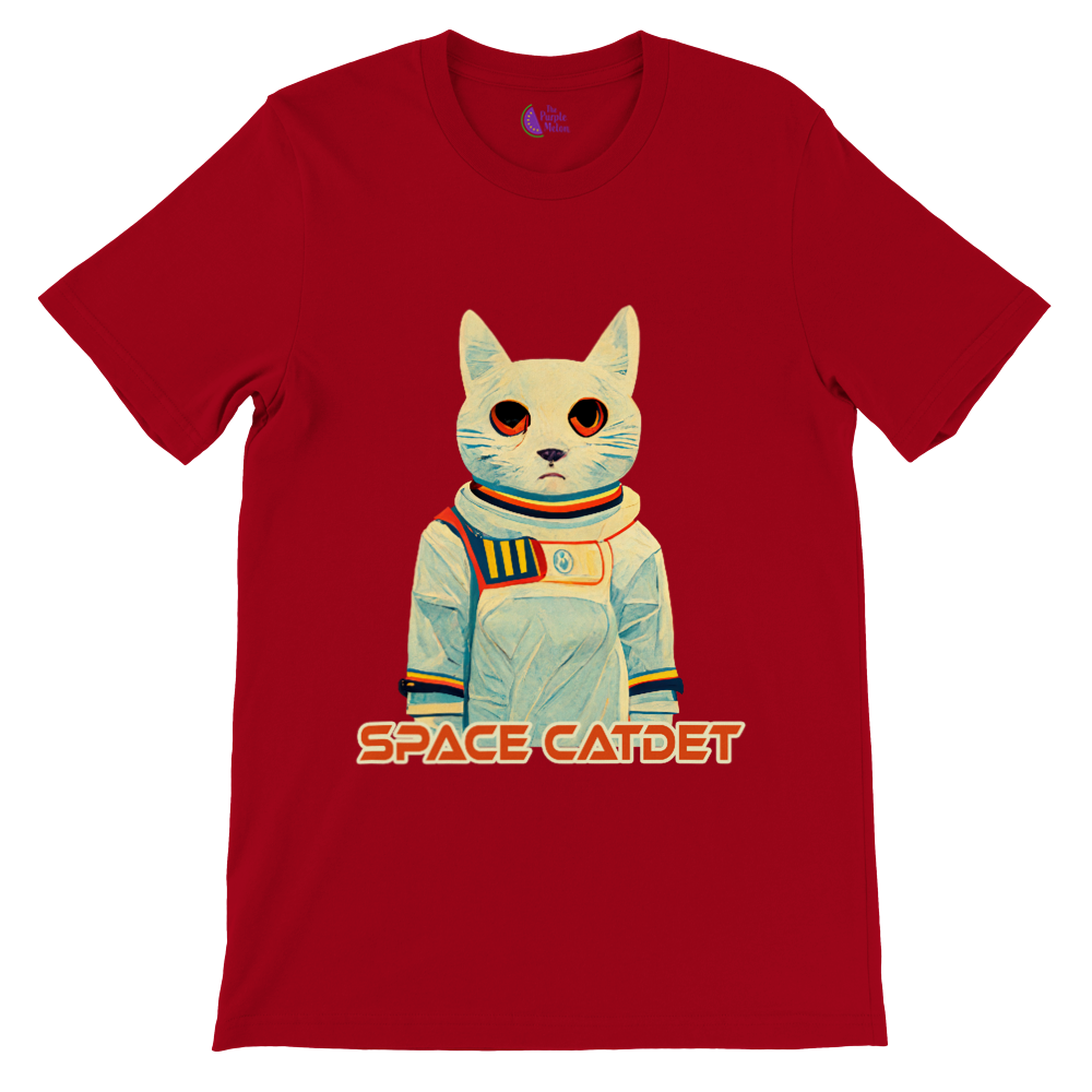red t-shirt with a space catdet print
