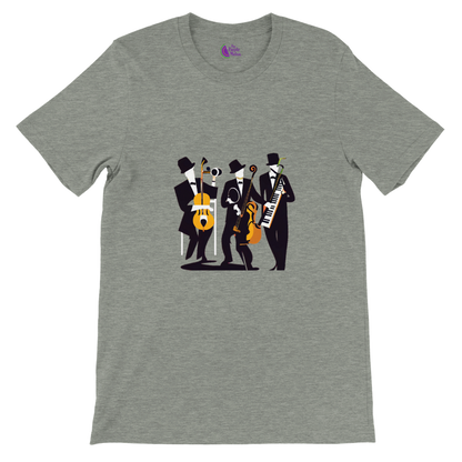 grey t-shirt with a pop-art jazz trio print