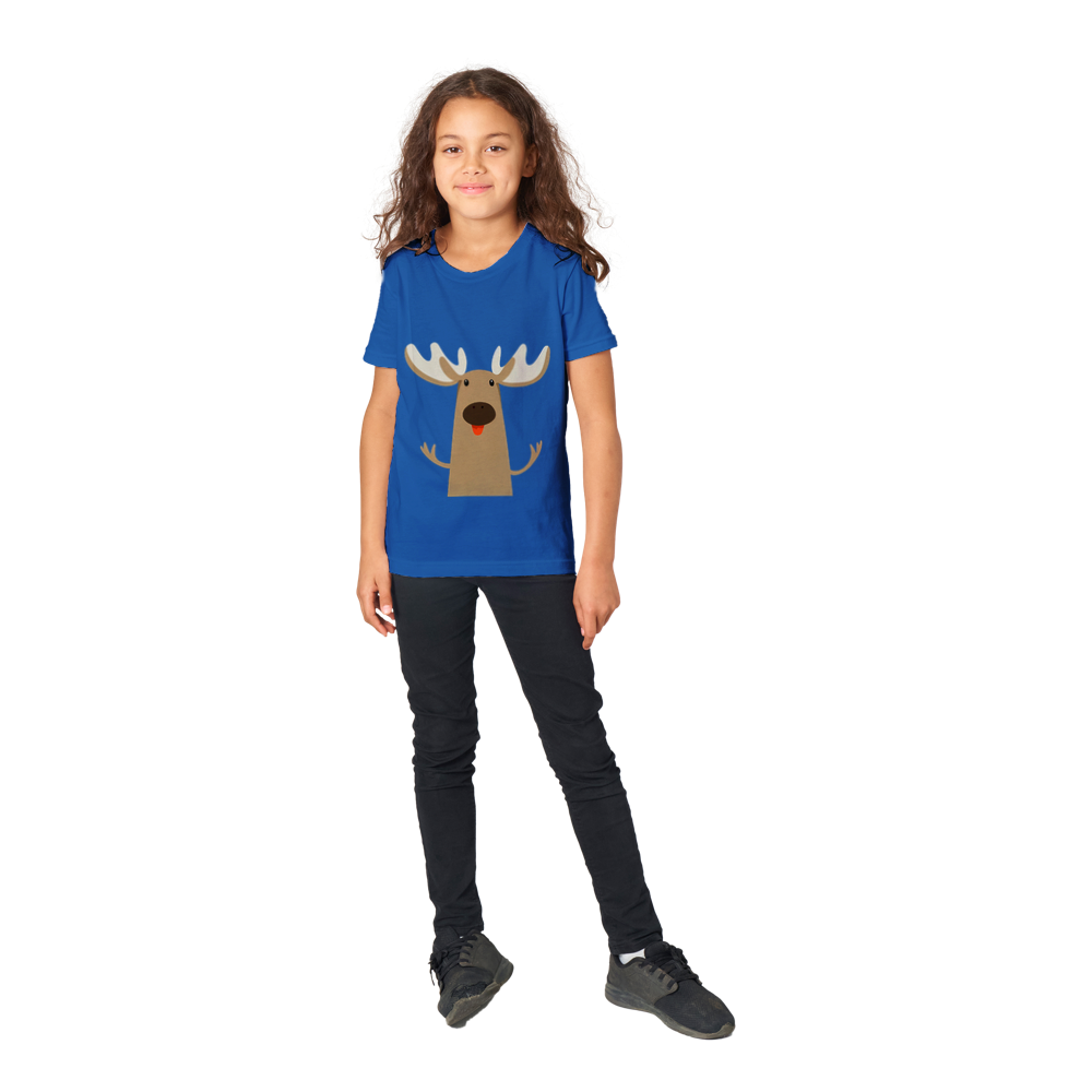 girl wearing royal blue t-shirt with cute moose print