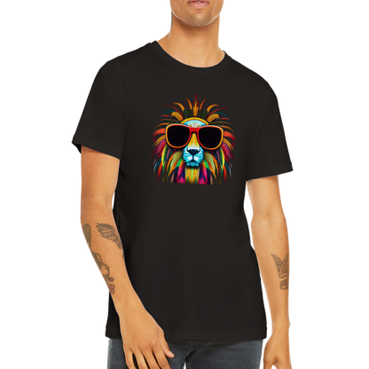 Guy wearing a black t-shirt with a colourful lion wearing red oversized sunglasses print