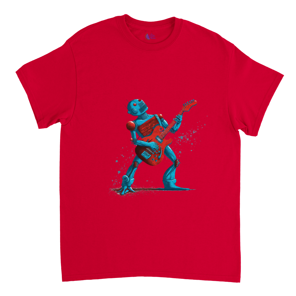 Gold t-shirt with a robot playing a red guitar
