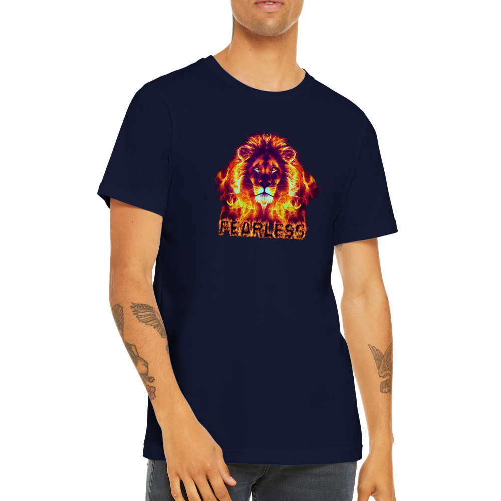 navy blue t-shirt with a flaming lion and fearless caption print