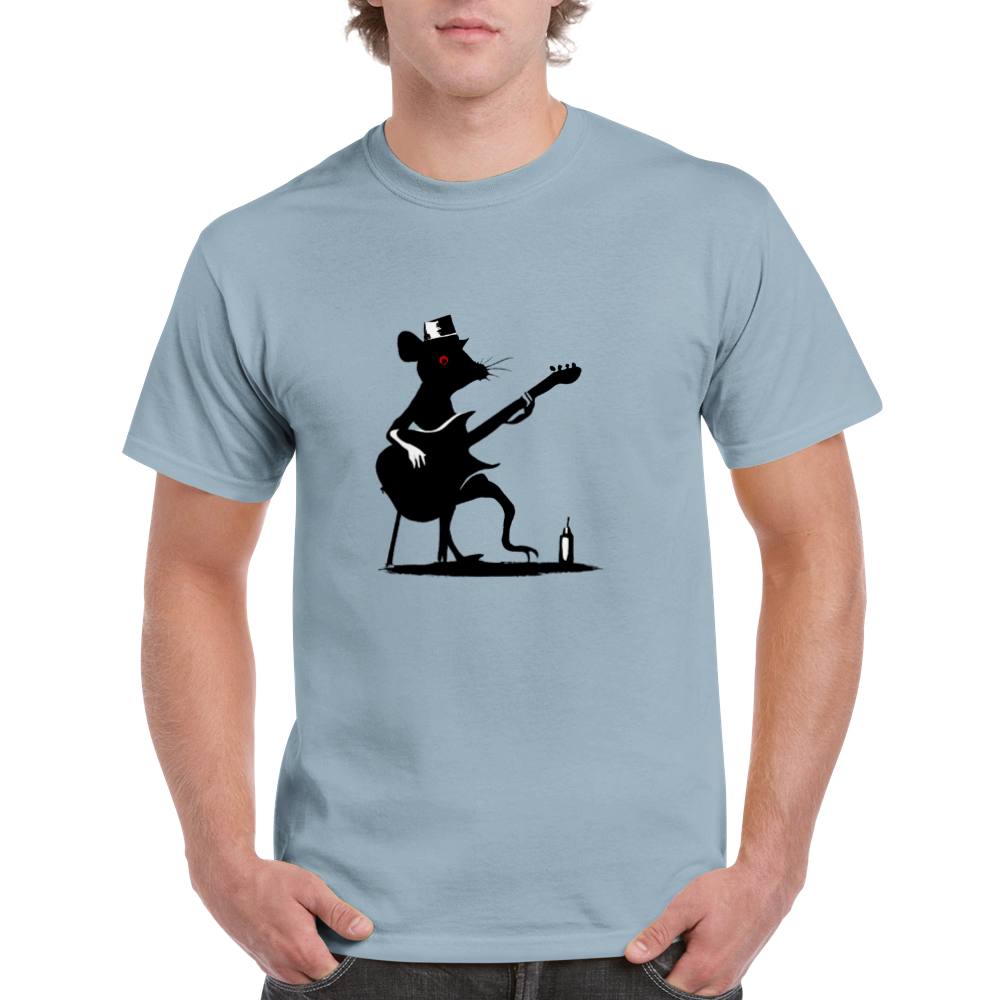 guy wearing a light-blue t-shirt with a rat playing guitar print